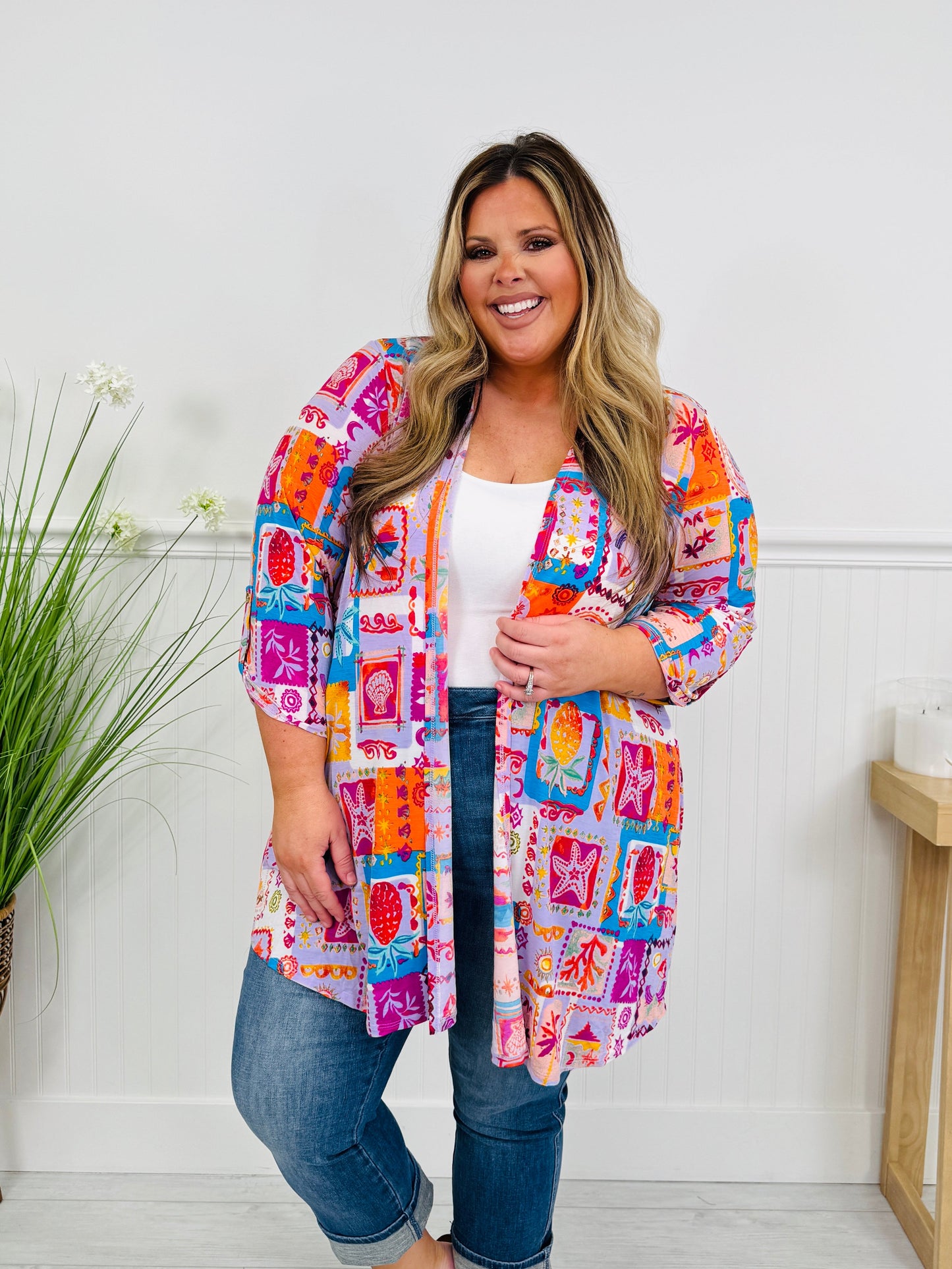 Layered in Spring Cardigan In Beach Print