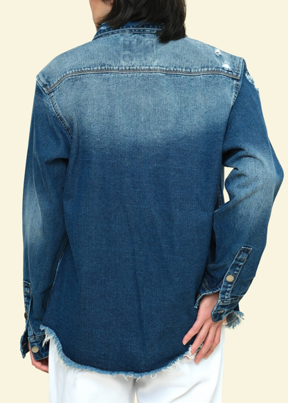 Distressed Denim Button Up Shirt Jacket