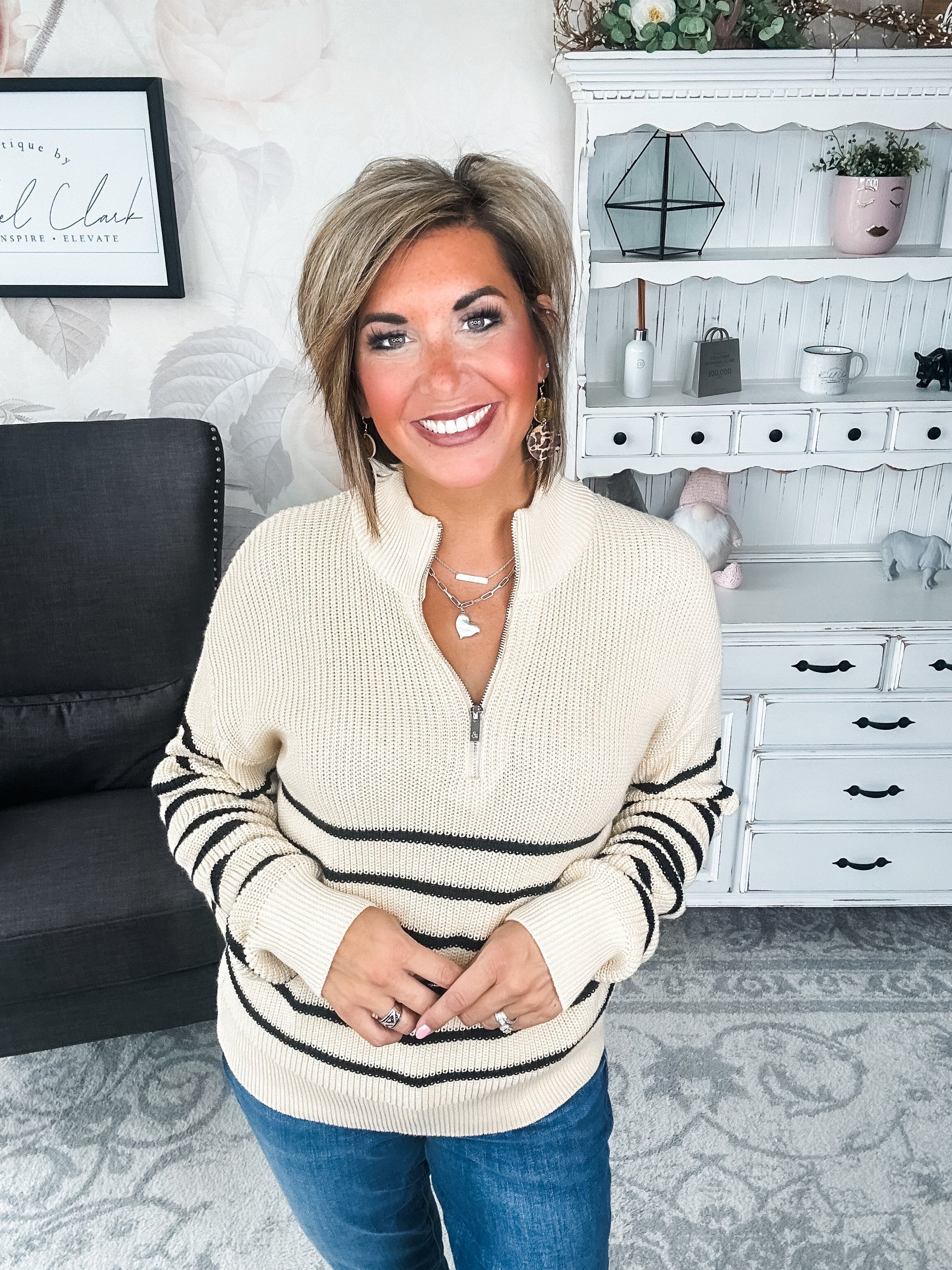 Ampersand Avenue - HalfZip Sweater Cream & Black Stripe