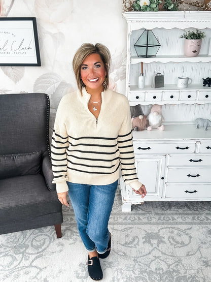 Ampersand Avenue - HalfZip Sweater Cream & Black Stripe