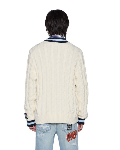 PRINCETON CABLE KNIT V NECK VINTAGE WHITE