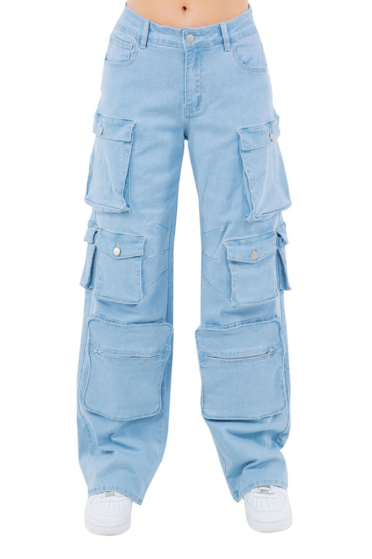 Women's High Rise Multi Cargo Pocket Loose Fit Denim Jeans
