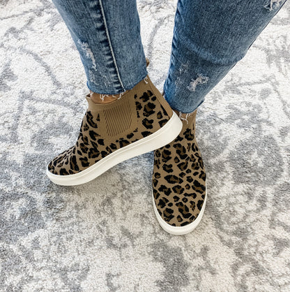 Bess - Tan Leopard Knit Sneaker